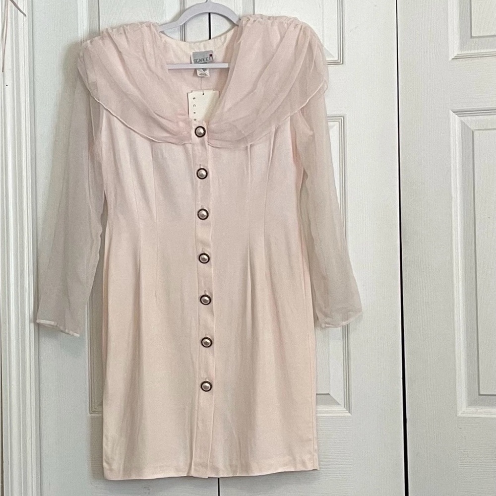 Vtg Deadstock 90s Y2K Pink Dress Sheer Sleeves Feminine Coquette Romantic sz M